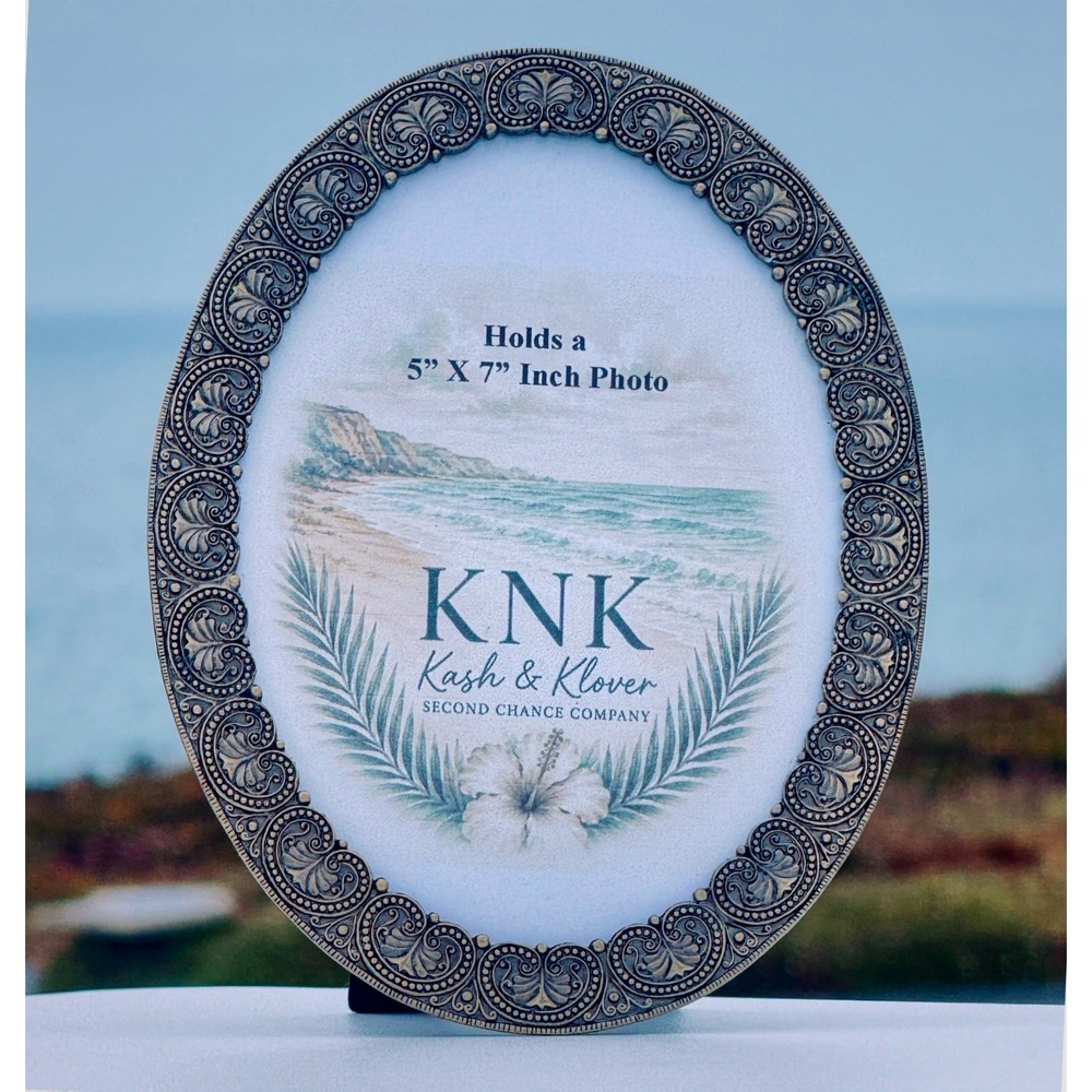 Oval Picture Frame Antiqued Silver Scrollwork Coastal Glam 5" x 7" Photo Classic